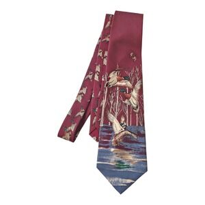 Ducks Unlimited Silk Necktie Burgundy Mallard Duck Flying Water Scene Men